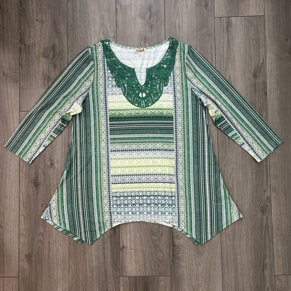 One World Live And Let Live Womens XL Blouse Green Jeweled
